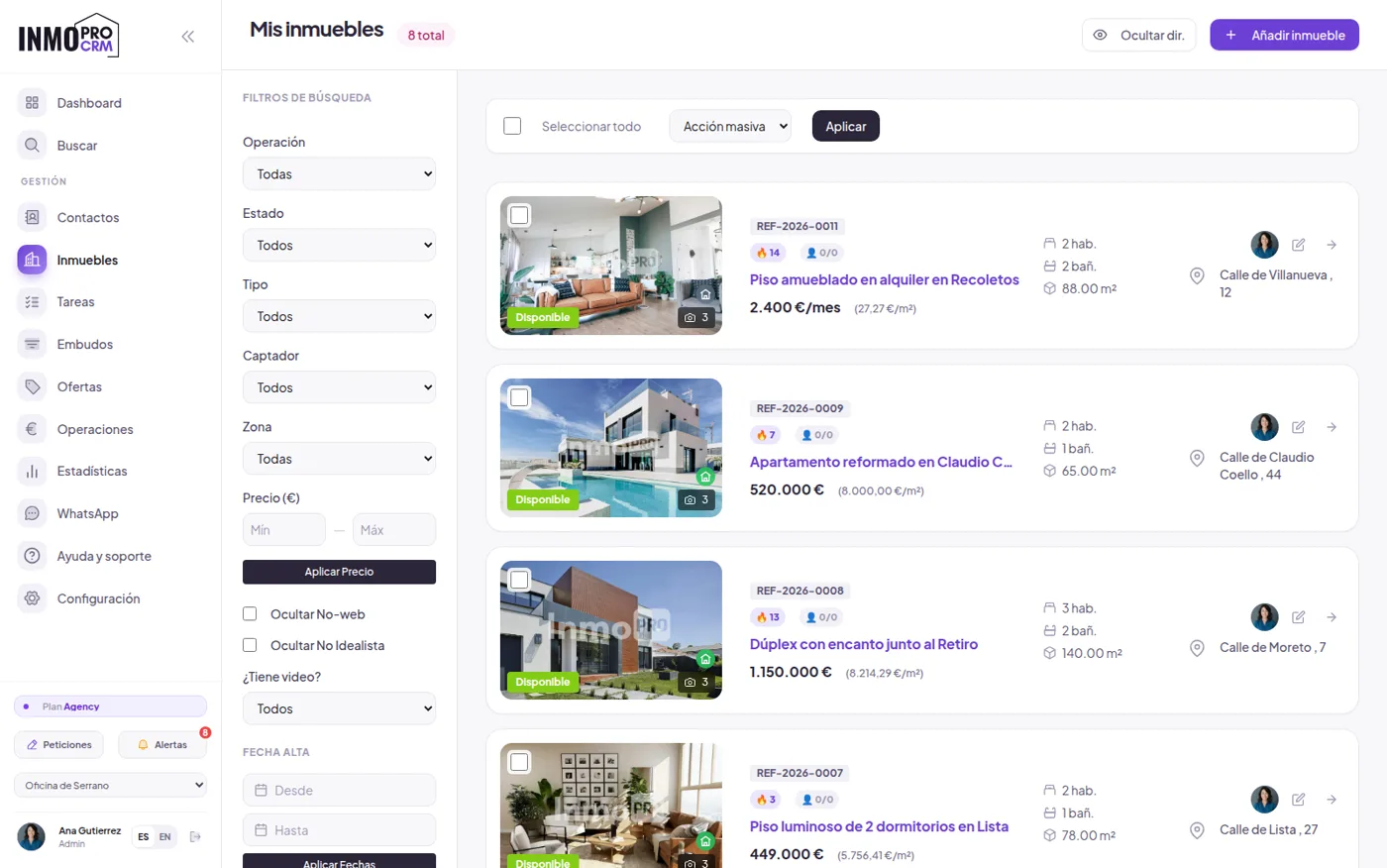 Listado de inmuebles con buscador y filtros por tipo, zona, precio y estado