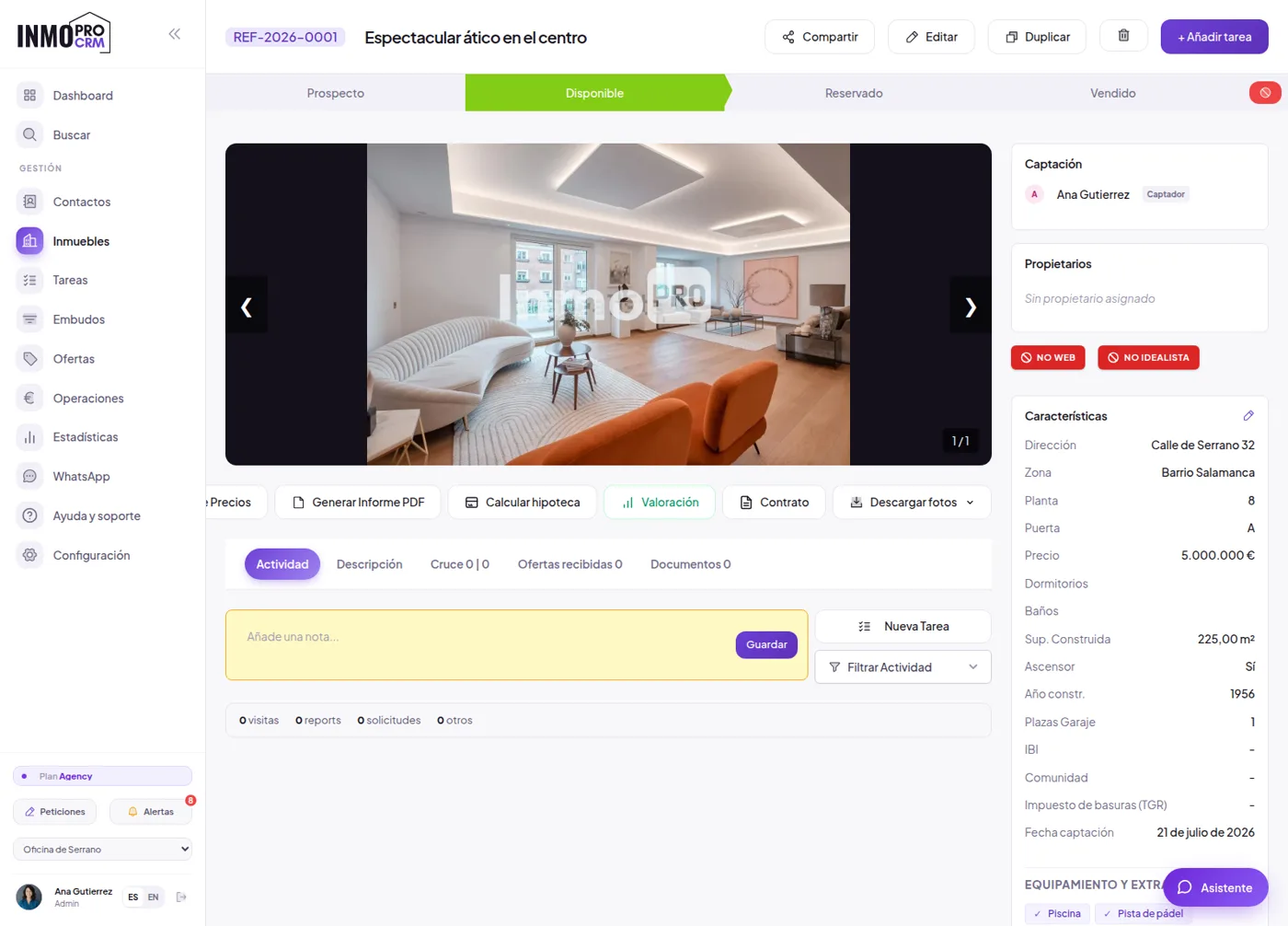 Ficha completa del inmueble en InmoProCRM: Fotos, planos, vídeo y documentos