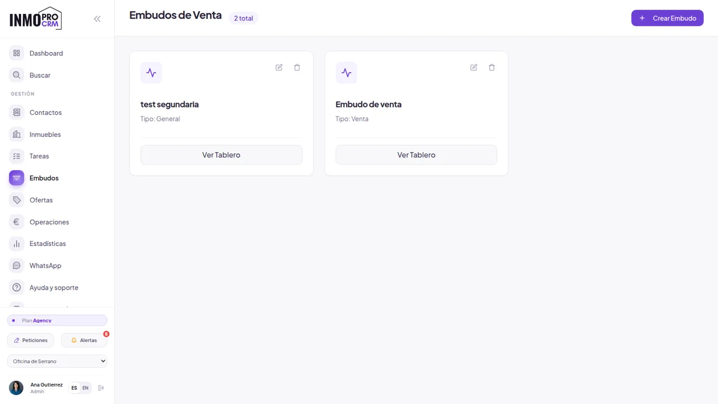 Embudo de ventas de InmoProCRM con las oportunidades organizadas por fases en columnas