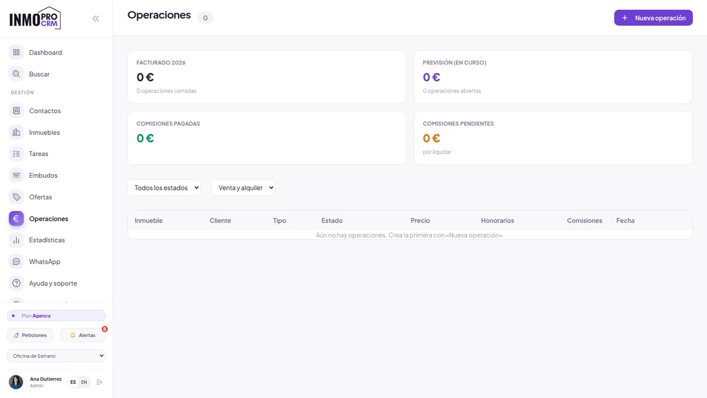 Operaciones y comisiones en InmoProCRM: Honorarios y reparto entre agentes