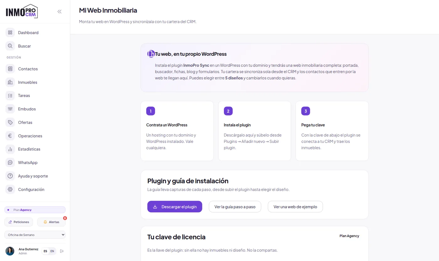 Pantalla de configuración de la web de agencia dentro de InmoProCRM