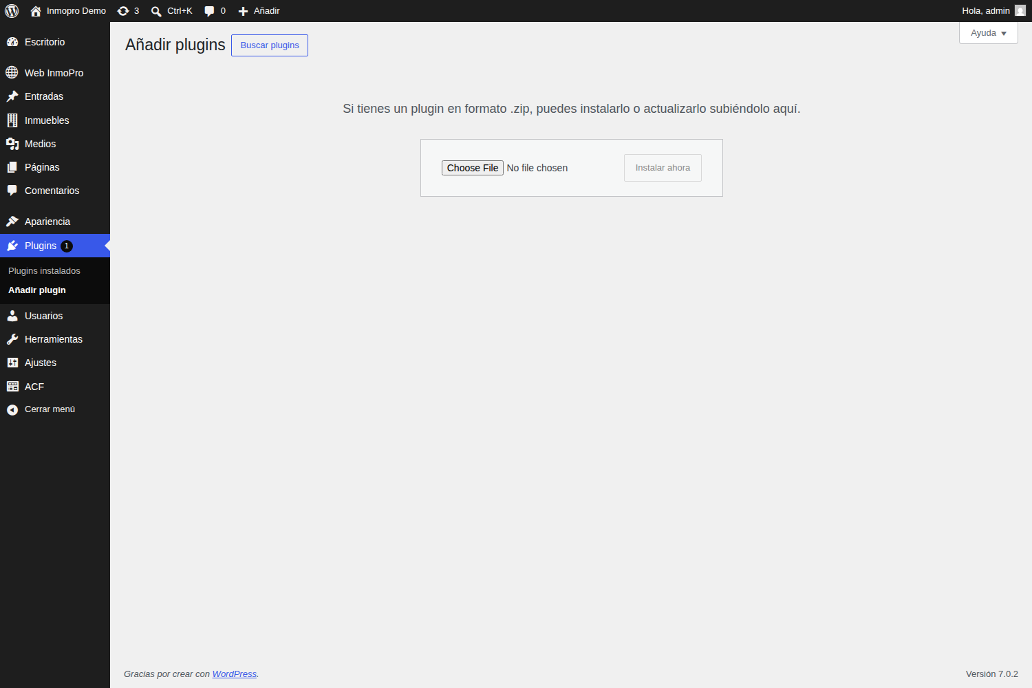 Pantalla de subir plugin en WordPress