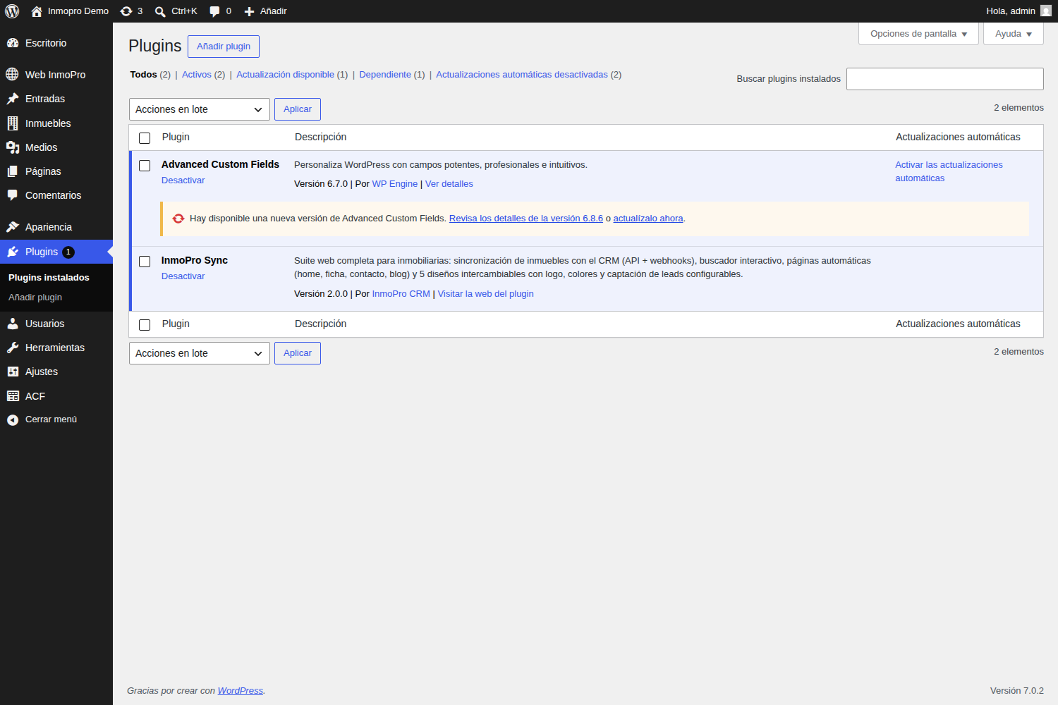 Lista de plugins con InmoPro Sync activo