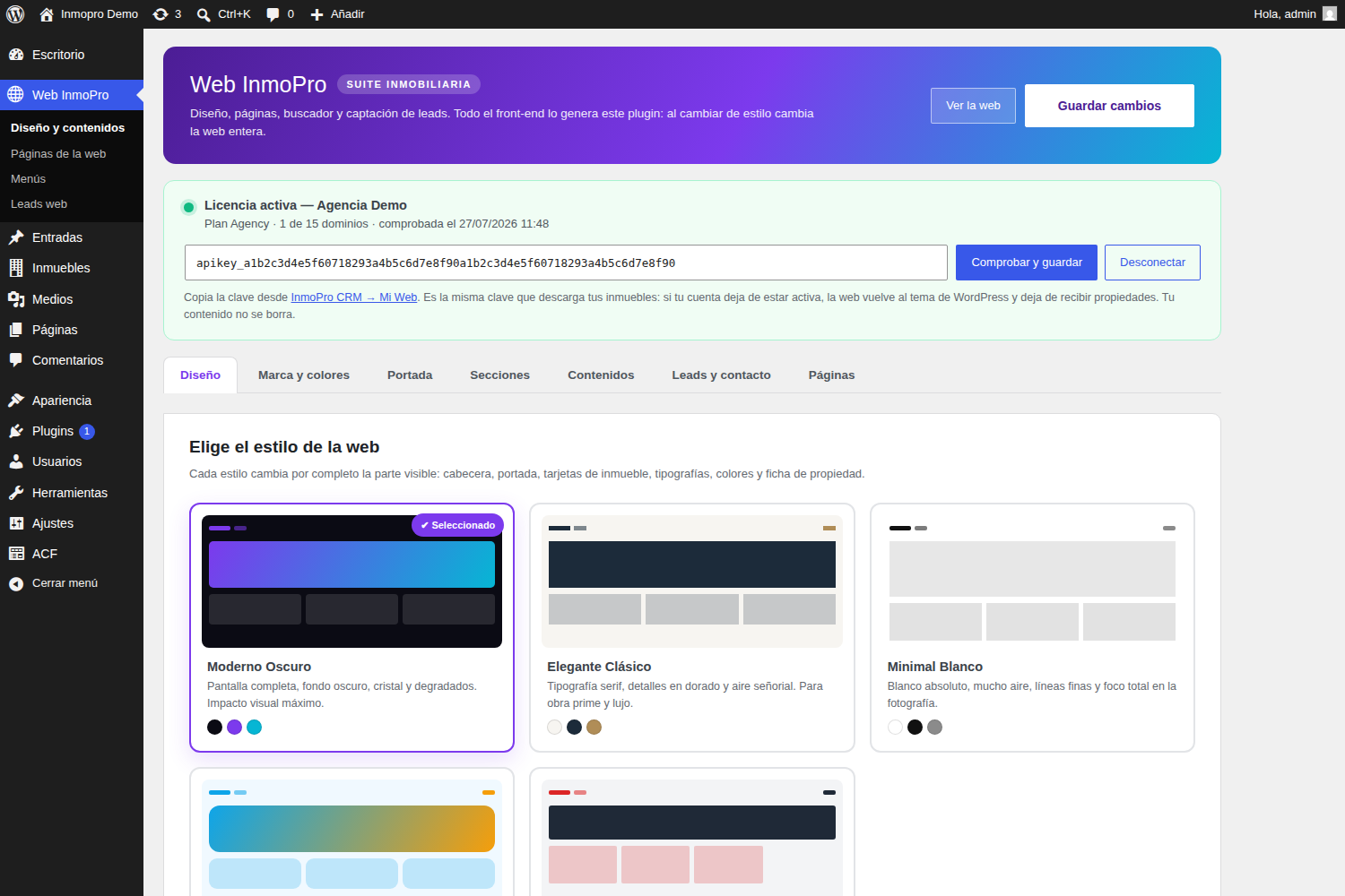 Panel de licencia del plugin InmoPro Sync