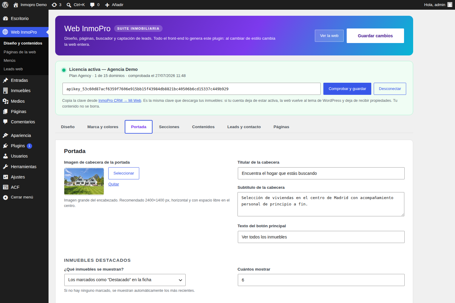Pestaña de configuración de la portada