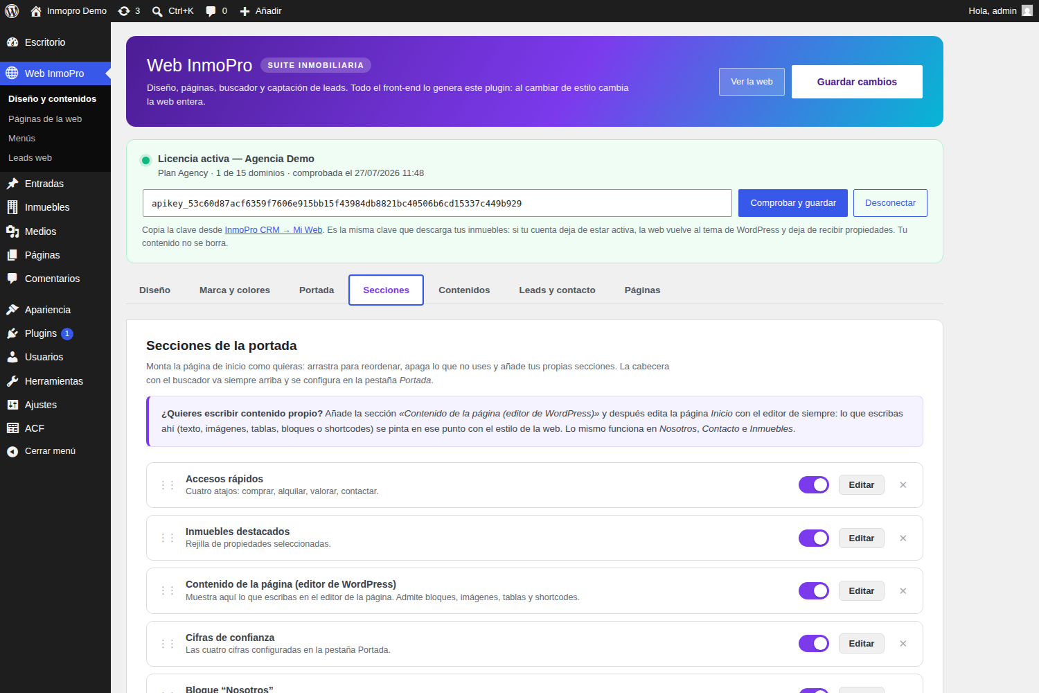 Constructor de secciones de la portada