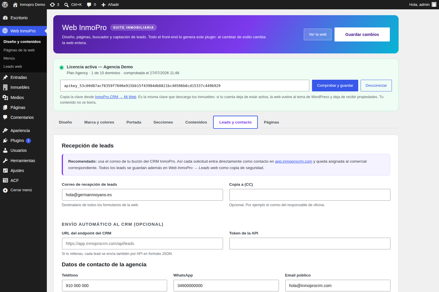 Pestaña de leads y datos de contacto