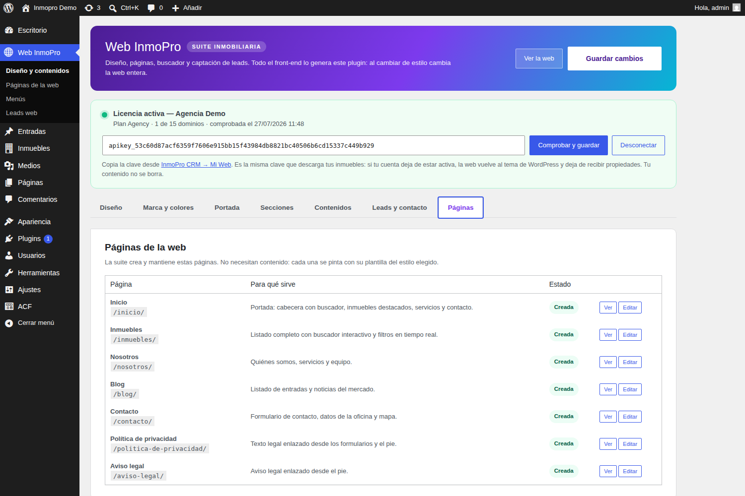 Listado de páginas creadas por el plugin