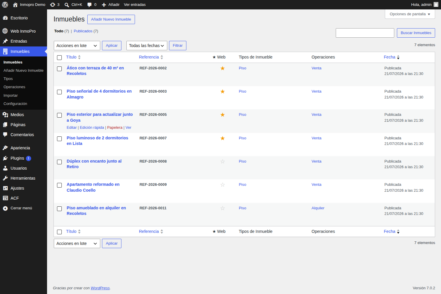 Listado de inmuebles importados en WordPress