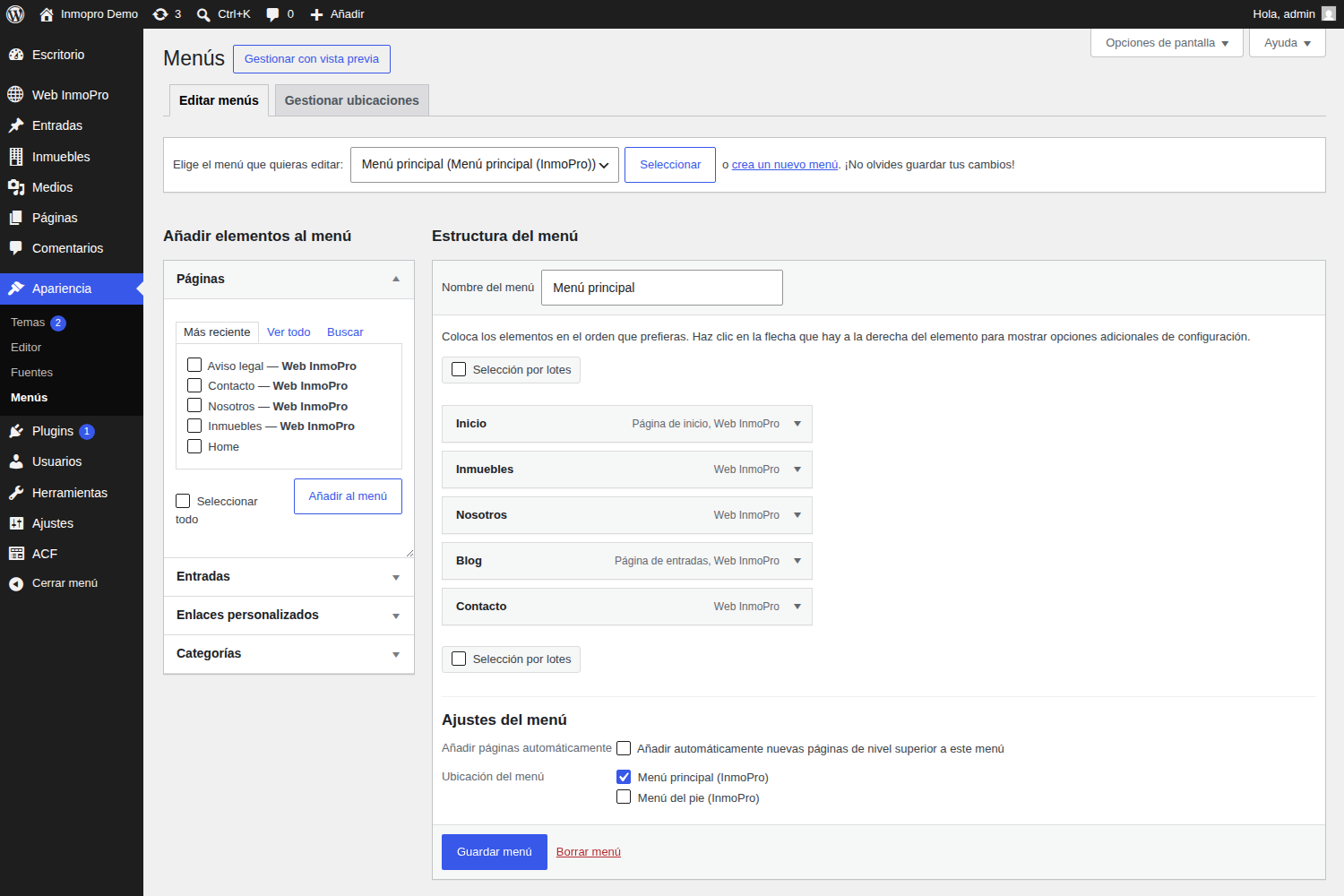 Pantalla de menús de WordPress