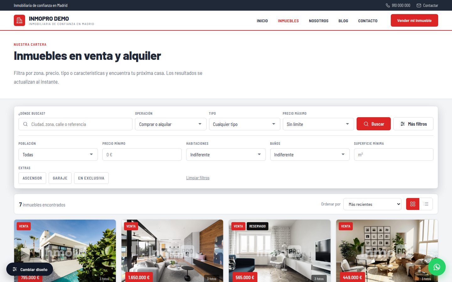 Listado de inmuebles en la web