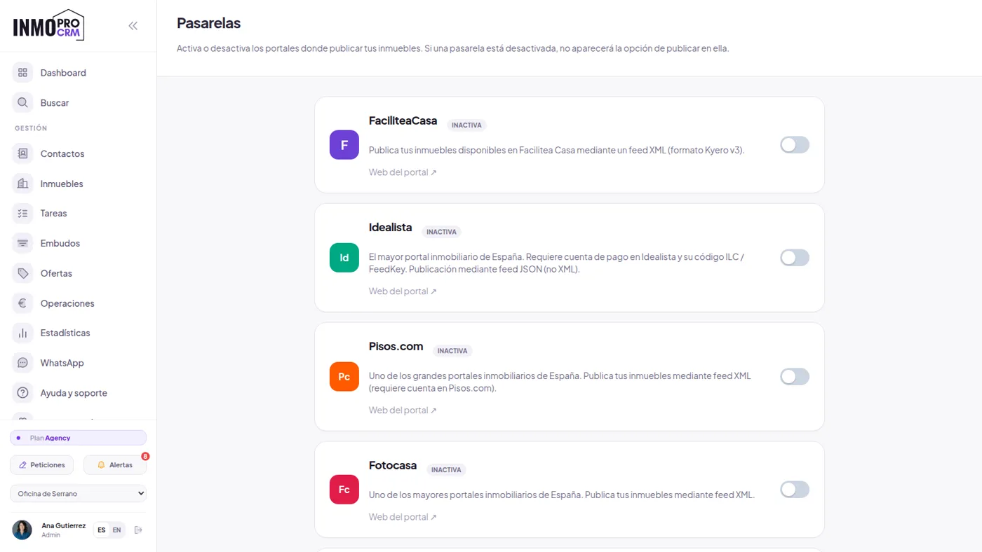 Écran des passerelles d'InmoProCRM pour diffuser les annonces sur les portails